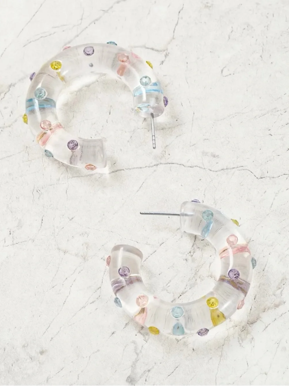 Clear Acrylic Gem Studded Hoop Earrings with Pastel Crystals - Picture 3 of 3